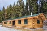 A log cabin is sitting in the middle of a snowy forest.
